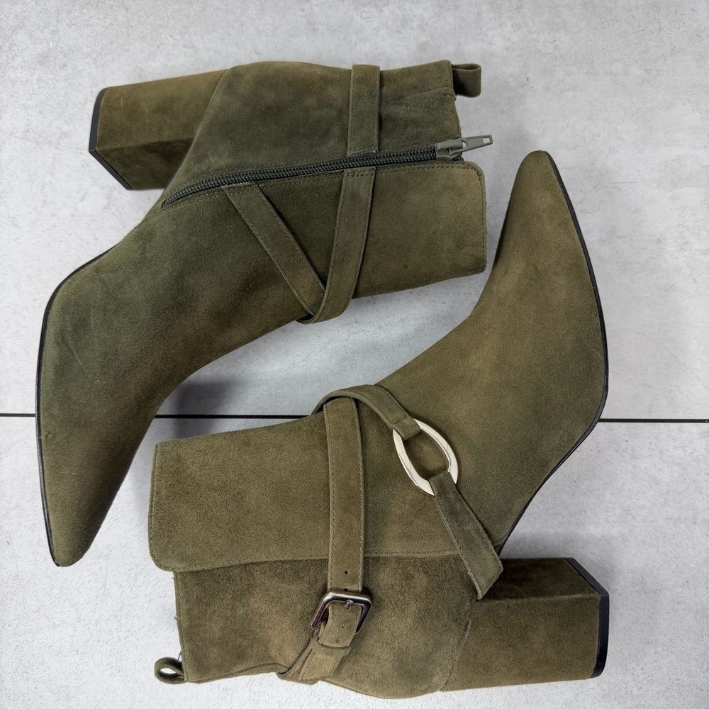 White House Black Market Olive Green Suede Ankle Boots Size 10 - Picture 2 of 12